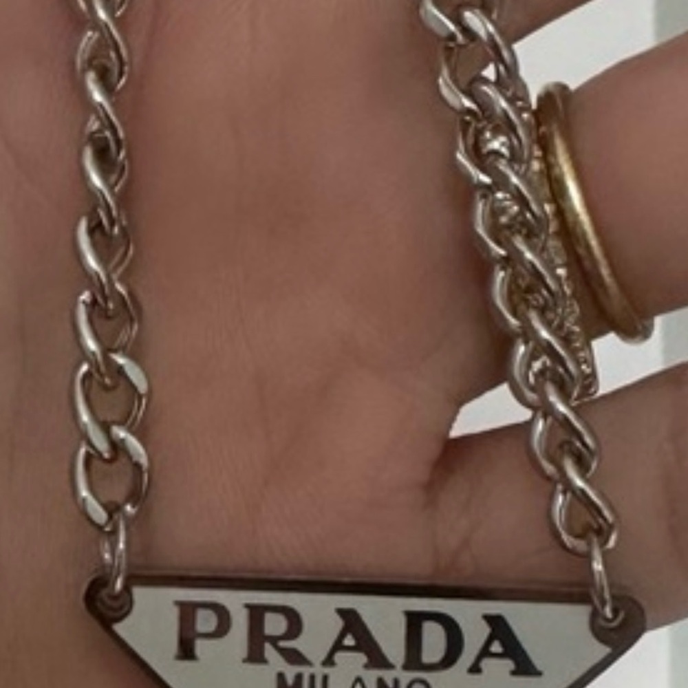 Prada White and Silver Logo Pendant Necklace